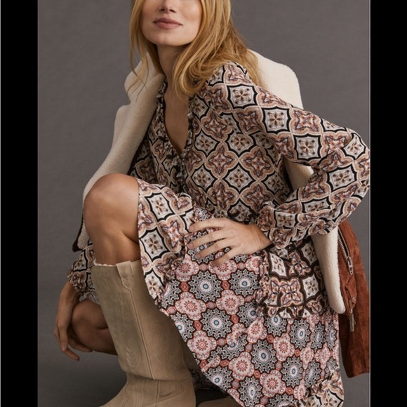 Anthropologie Neautral Motif Tiered V Neck Mini Dress Boho Festival Size Large - Picture 1 of 17